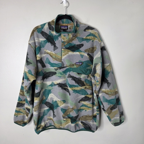 Patagonia Synchilla Trout Tail Fish Print Snap-T Fleece Sweater *damaged